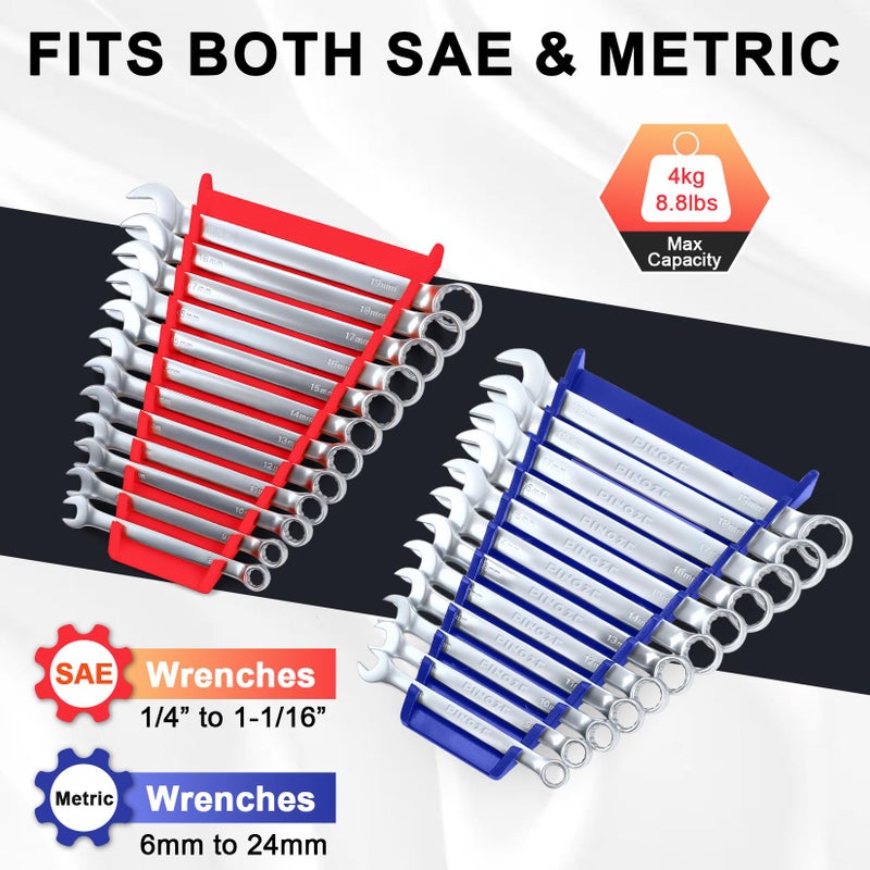 Pinoze 4-Piece Magnetic Wrench Organizer, 48-Slot Wrench Rack Tool Trays, Durable ABS Wrench Holder for Tool Box Drawer Chest, SAE (1/4" to 1-1/16") & Metric (6 to 24mm), Red/Blue - Image 3