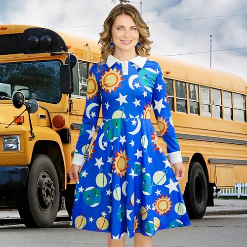 ATAMET Halloween Women's Planets Stars Moon Solar System Dress Cosplay Costume A-Line Dress - Image 4