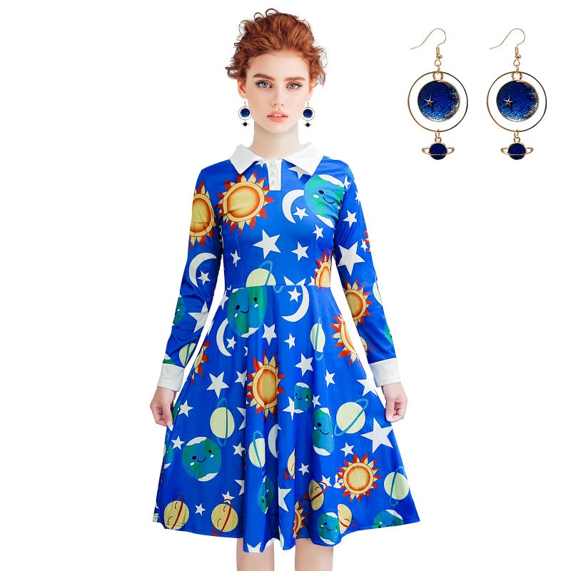 ATAMET Halloween Women's Planets Stars Moon Solar System Dress Cosplay Costume A-Line Dress - Image 3