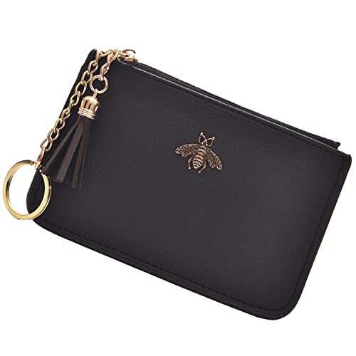 AnnabelZ Coin Purse Change Wallet Pouch Leather Card Holder with Key Chain Tassel Zip(Black) - Image 1