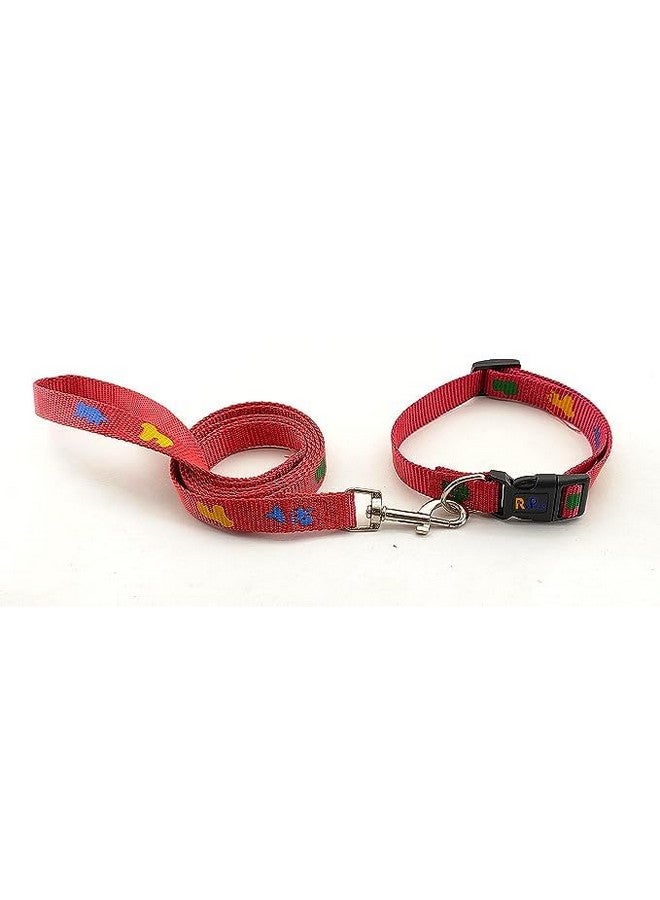 Nylon Collar Leash Set Printed Adjustable & Durable Collar Leash Set 15 Mm For All Small Breed Dog & Puppy 15 Mm - Red - Image 1