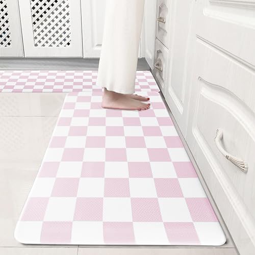 VivaNest Pink Checkered Grid Checkerboard Kitchen Rug Sets [2 PCs], Anti-Fatigue, Waterproof Non-Slip Kitchen Mats Heavy Duty Ergonomic Comfort Foam Rug for Floor, Home, Laundry,Easter 17"x29"+17"x47" - Image 1
