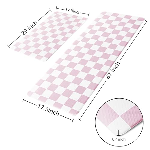 VivaNest Pink Checkered Grid Checkerboard Kitchen Rug Sets [2 PCs], Anti-Fatigue, Waterproof Non-Slip Kitchen Mats Heavy Duty Ergonomic Comfort Foam Rug for Floor, Home, Laundry,Easter 17"x29"+17"x47" - Image 3