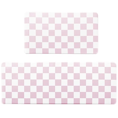 VivaNest Pink Checkered Grid Checkerboard Kitchen Rug Sets [2 PCs], Anti-Fatigue, Waterproof Non-Slip Kitchen Mats Heavy Duty Ergonomic Comfort Foam Rug for Floor, Home, Laundry,Easter 17"x29"+17"x47" - Image 4