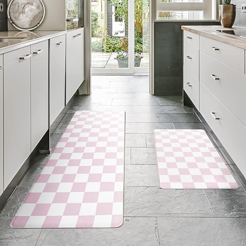 VivaNest Pink Checkered Grid Checkerboard Kitchen Rug Sets [2 PCs], Anti-Fatigue, Waterproof Non-Slip Kitchen Mats Heavy Duty Ergonomic Comfort Foam Rug for Floor, Home, Laundry,Easter 17"x29"+17"x47" - Image 2