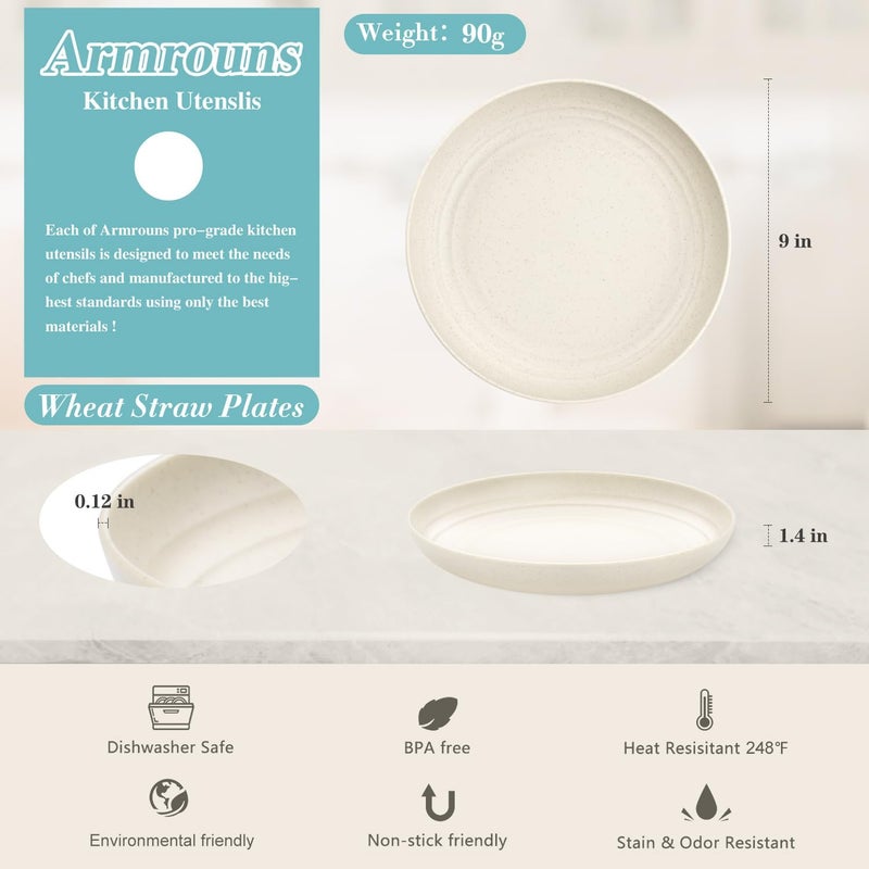 Armrouns 9 Inch Wheat Straw Plates Lightweight Unbreakable Dinner Dishes Plates 4PC Set Dishwasher  Microwave Safe Plastic Reusable - Image 2