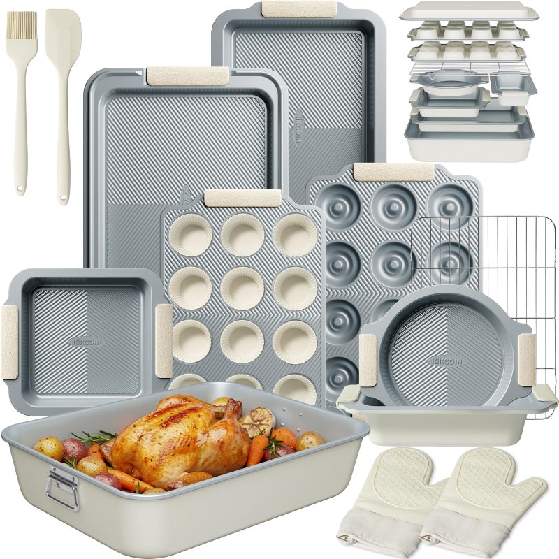 Kikcoin 25 PCS Stackable Baking Pans Set, Non-stick Bakeware Sets with Silicone Handles, 450Â°F Oven Safe Cookie Sheets for Baking, Easy Release Heavy-duty Baking Sheets Non Stick, Cream - Image 1