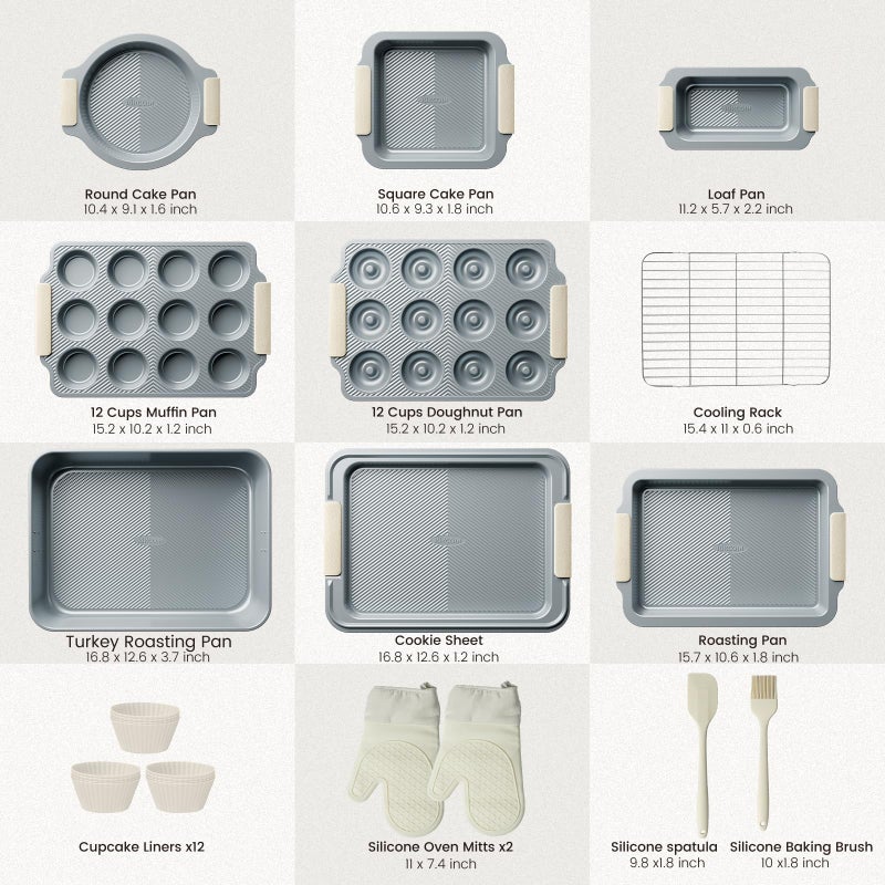 Kikcoin 25 PCS Stackable Baking Pans Set, Non-stick Bakeware Sets with Silicone Handles, 450Â°F Oven Safe Cookie Sheets for Baking, Easy Release Heavy-duty Baking Sheets Non Stick, Cream - Image 2