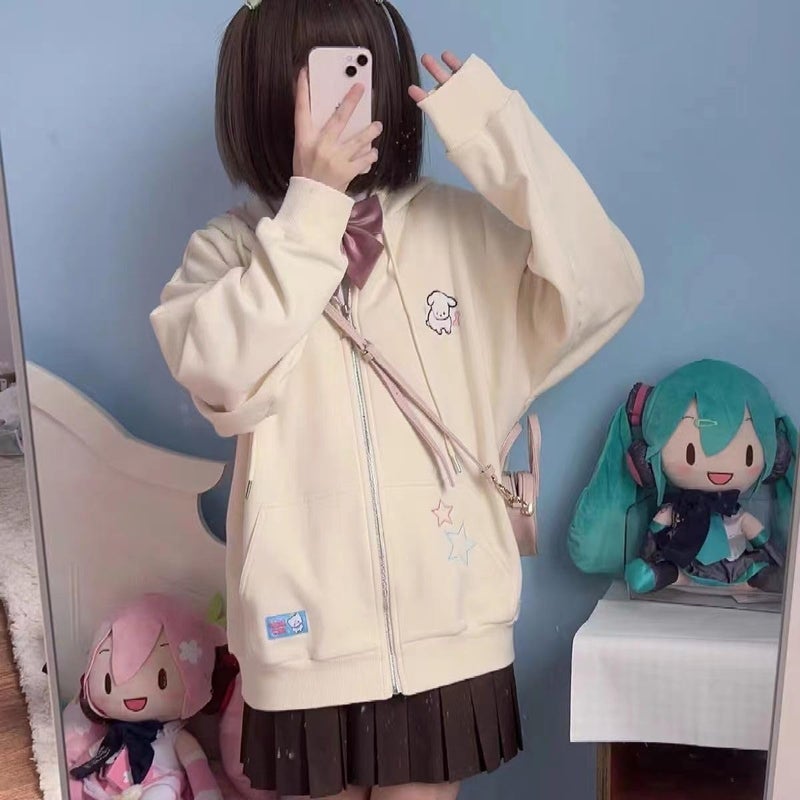 OATSBAS Kawaii Zip Up Hoodie Women Cute Cartoon Embroidery Oversized Pullover Sweatshirt Harajuku Kawaii Hooded Top (Small,Beige-Thick) - Image 3
