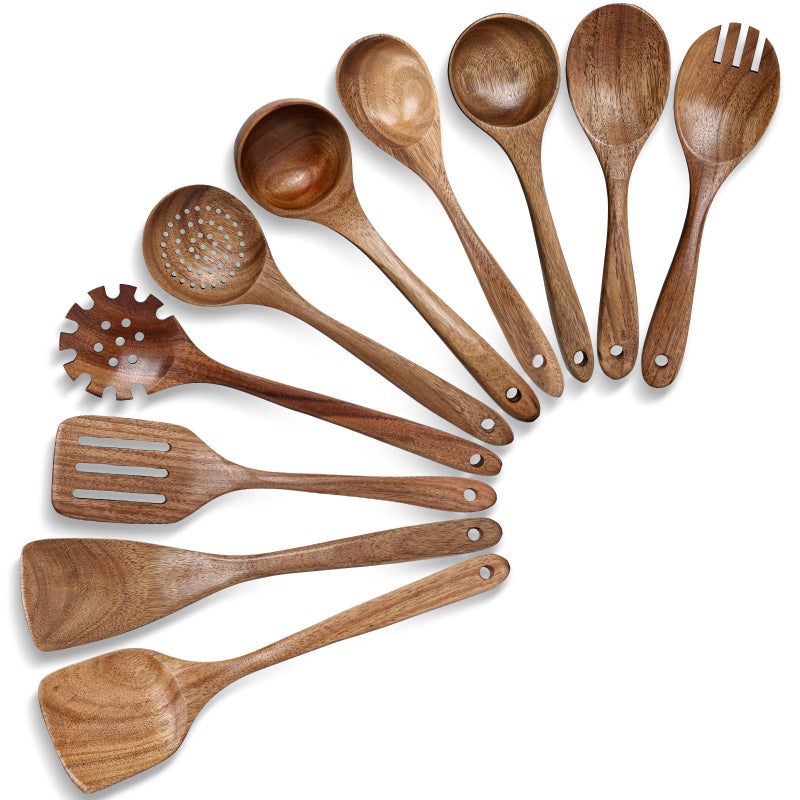 HAKSEN Wooden Spoons for Cooking 10PCS Natural Acacia Wood Kitchen Utensils Set Wooden Utensil Set for Nonstick Cookware Smooth Finish Sturdy  Durable