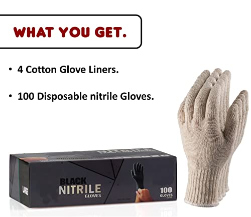 Nechtik BBQ Gloves disposable - 4 Cotton Glove Liners and 100 Disposable Gloves - Machine Washable Cotton Liners - Powder Free, Latex Free Black Nitrile Gloves (100, XL) - Image 2