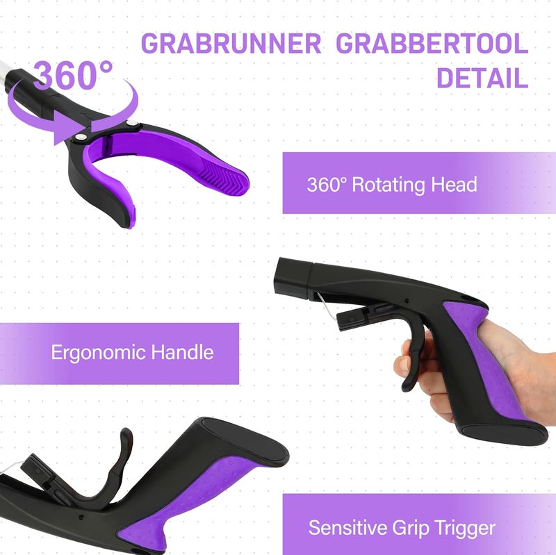 GrabRunner Grabber Reacher Tool - 32” Reacher Grabber Tool with Strong Magnetic and Swivel Head - FDA Registered Heavy Duty Pick Up Stick Grabbers for Seniors, Trash, Surgery Recovery Must Haves Gifts(Purple) - Image 3