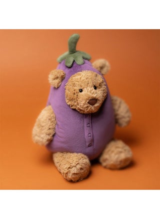 Bartholomew Bear Aubergine 30cm Soft Plush Toy – Adorable Toffee Bear in Removable Aubergine Costume, Cute Stalk Hat, Collectible Plush for Kids and Gifting, Sitting Height 25cm - view 2