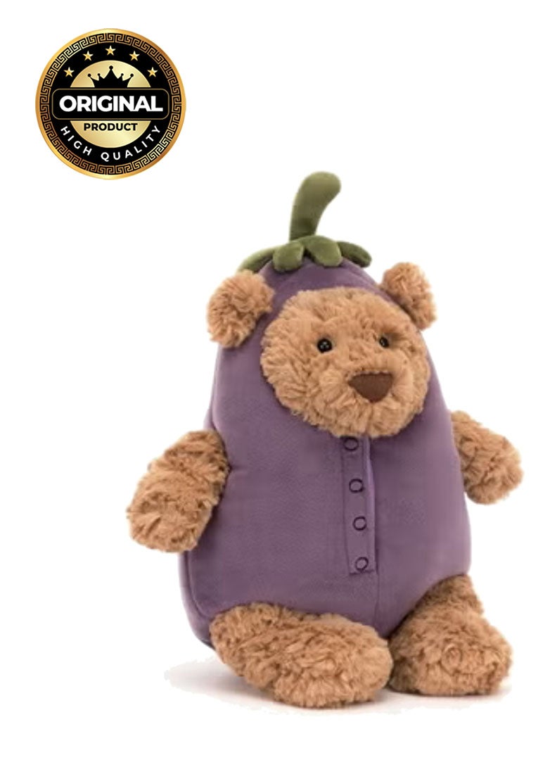 Jellycat Bartholomew Bear Aubergine 30cm Soft Plush Toy – Adorable Toffee Bear in Removable Aubergine Costume, Cute Stalk Hat, Collectible Plush for Kids and Gifting, Sitting Height 25cm - Image 1