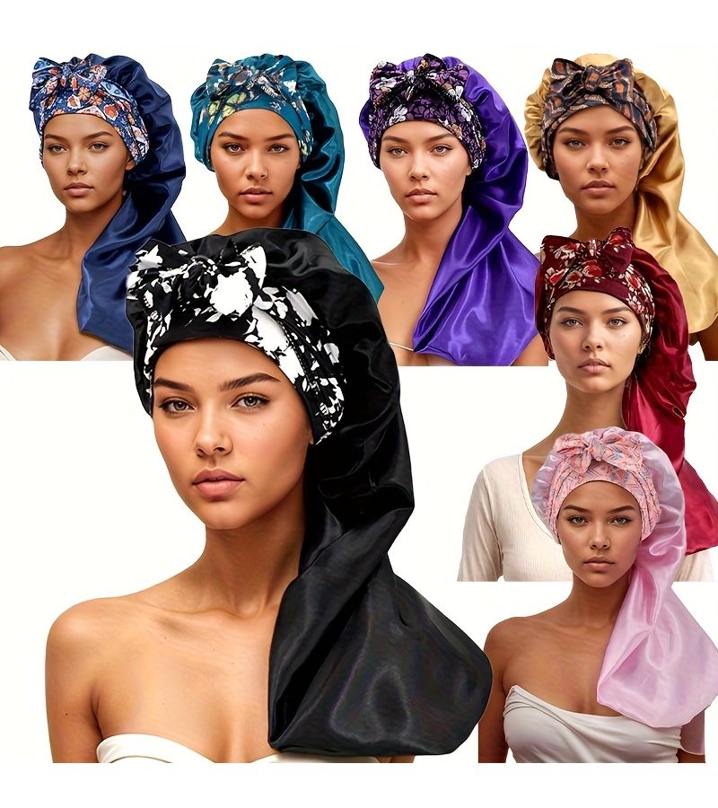 Navy Blue Satin Bonnet For Braids Large Long Sleep Cap With Stretchy Tie Band - Image 2