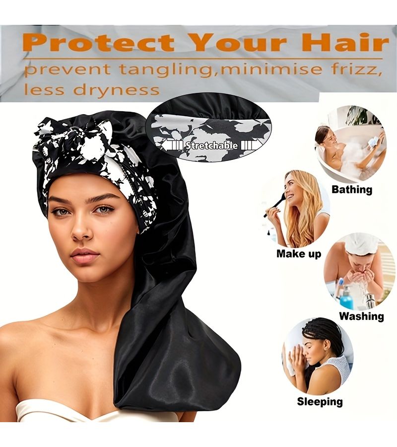Navy Blue Satin Bonnet For Braids Large Long Sleep Cap With Stretchy Tie Band - Image 3