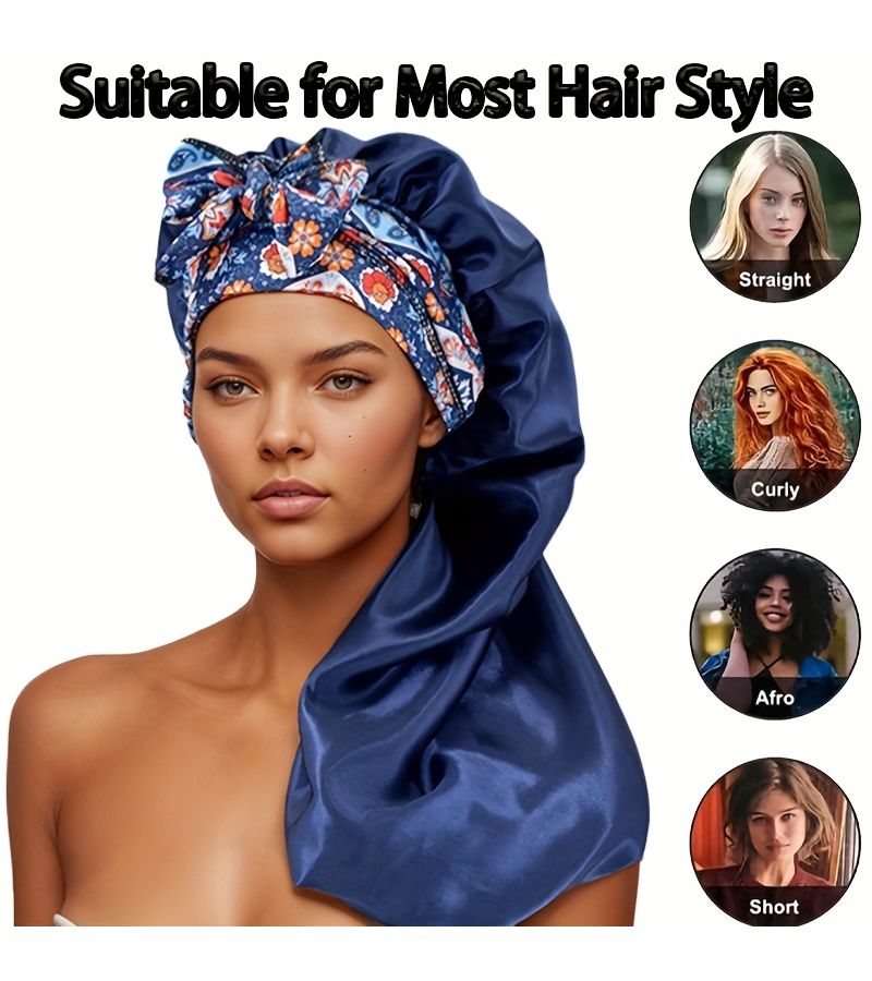 Navy Blue Satin Bonnet For Braids Large Long Sleep Cap With Stretchy Tie Band - Image 5