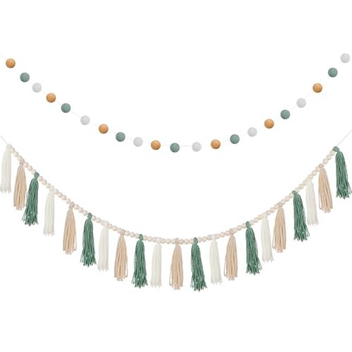 SmoothNovelty 2 Pcs Boho Tassel Garland Decor Include 1 Boho Tassel Garland with Wood Beads and 1 Colorful Pom Pom Ball Wall Hanging Banner for Nursery Classroom Baby Shower Decor(Sage Green) - Image 1