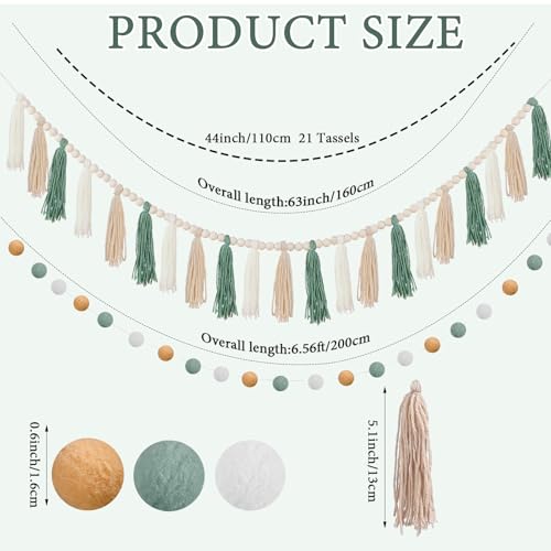 SmoothNovelty 2 Pcs Boho Tassel Garland Decor Include 1 Boho Tassel Garland with Wood Beads and 1 Colorful Pom Pom Ball Wall Hanging Banner for Nursery Classroom Baby Shower Decor(Sage Green) - Image 2