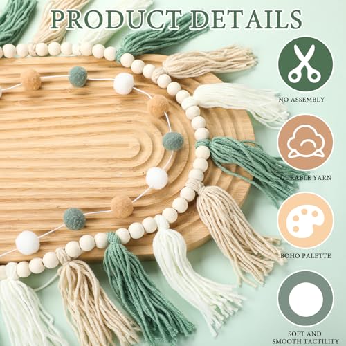 SmoothNovelty 2 Pcs Boho Tassel Garland Decor Include 1 Boho Tassel Garland with Wood Beads and 1 Colorful Pom Pom Ball Wall Hanging Banner for Nursery Classroom Baby Shower Decor(Sage Green) - Image 3