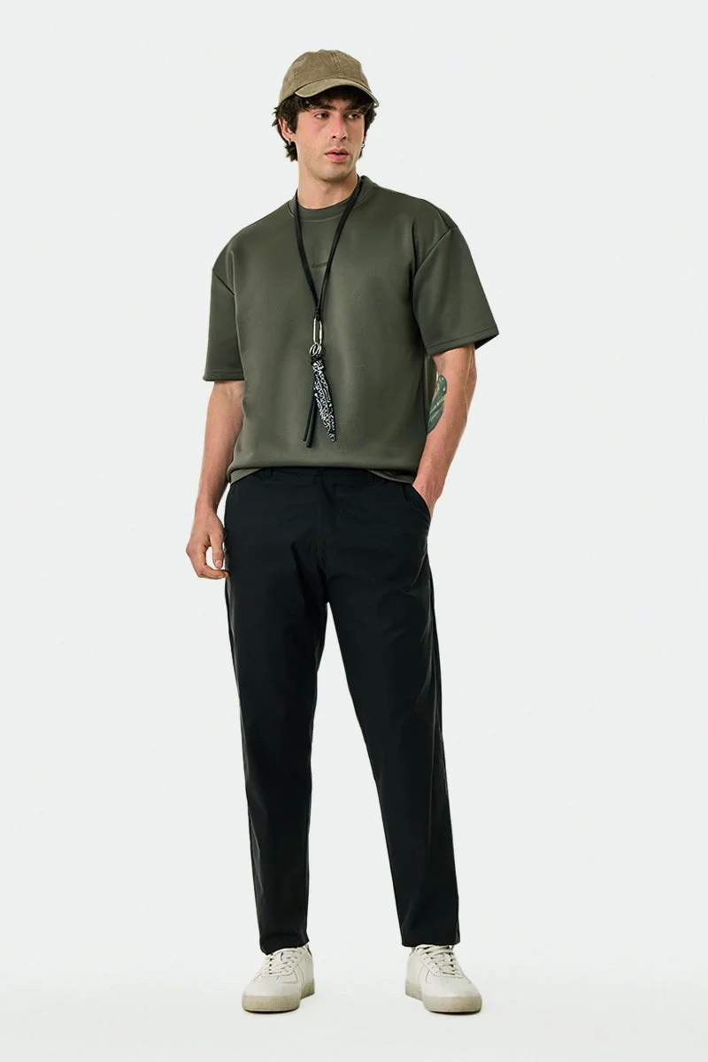 سنيتش Olive Solid Half Sleeve Oversized Streetwear T-Shirt