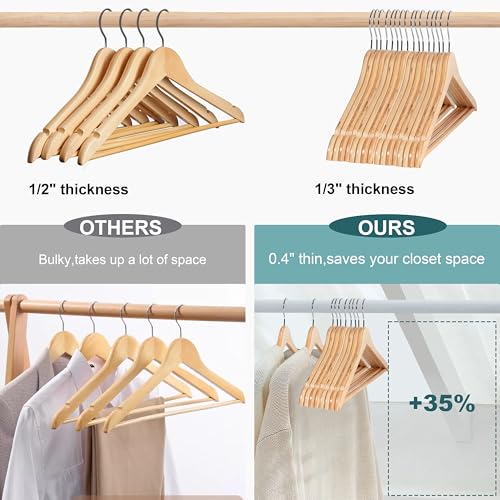 Quality Hangers Premium Slim Wooden Hangers 30 Pack - Thin Space Saving Hangers with 360 Degree Swivel Hook & Shoulder Groves Types of Clothing – Natural (30, Natural) - Image 2