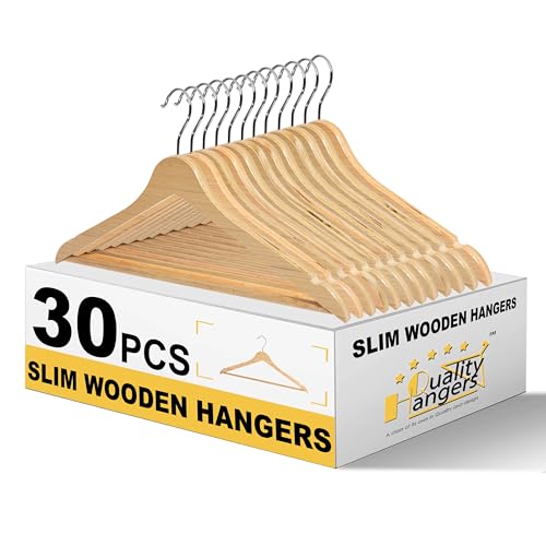 Quality Hangers Premium Slim Wooden Hangers 30 Pack - Thin Space Saving Hangers with 360 Degree Swivel Hook & Shoulder Groves Types of Clothing – Natural (30, Natural) - Image 1