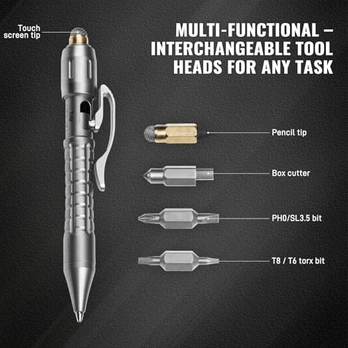 Tacray MP1 Titanium Multitool Pen – Mini EDC Pocket Pen with Replaceable Tool Heads, Box cutter, Tungsten Tip, Screwdrivers, Pencil & Stylus for Everyday Carry (Grey) - Image 4