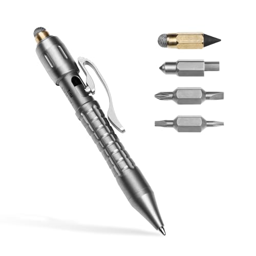 Tacray MP1 Titanium Multitool Pen – Mini EDC Pocket Pen with Replaceable Tool Heads, Box cutter, Tungsten Tip, Screwdrivers, Pencil & Stylus for Everyday Carry (Grey) - Image 1