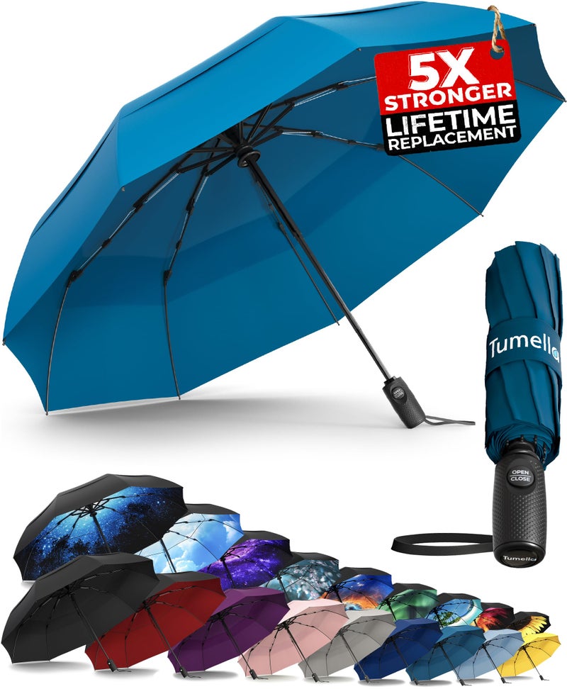TUMELLA Strongest Windproof Travel Umbrella (Compact, Superior & Beautiful), Small Strong but Light Portable and Automatic Folding Rain Umbrella, Durable Premium Grip, Fits Car and Backpack - Image 1