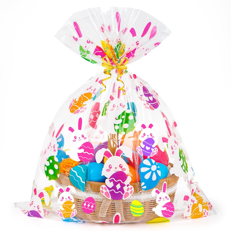 CUDICY Easter Bags 10pcs Large Cellophane Bags 24x30 Inch Cellophane Wrap for Gift Baskets Plastic Gift Wrapping Clear Gift Bags (Easter eggs, Bunny) - Image 1