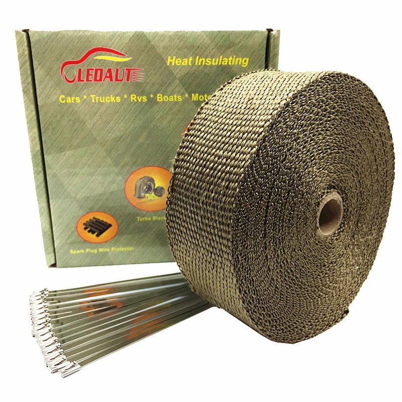 LEDAUT 2 x 50 Titanium Exhaust Heat Wrap Roll for Motorcycle Fiberglass Heat Shield Tape with Stainless Ties