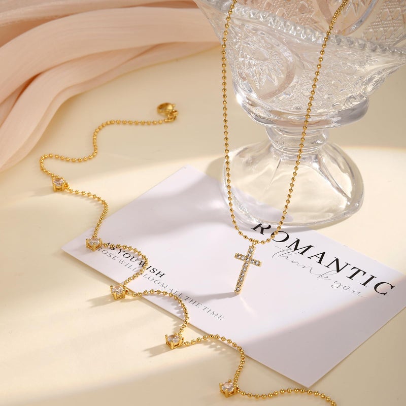 Rotnso Cross Necklace for Women 14K Gold Plated Dainty Small Diamond Cross Pendant Layered Choker Simple Trendy Cute Cross Charm Bead Chain Easter Basket Stuffers Baptism Religious Faith Jewelry Gift - Image 5