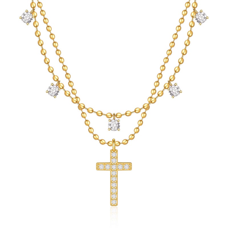 Rotnso Cross Necklace for Women 14K Gold Plated Dainty Small Diamond Cross Pendant Layered Choker Simple Trendy Cute Cross Charm Bead Chain Easter Basket Stuffers Baptism Religious Faith Jewelry Gift - Image 1