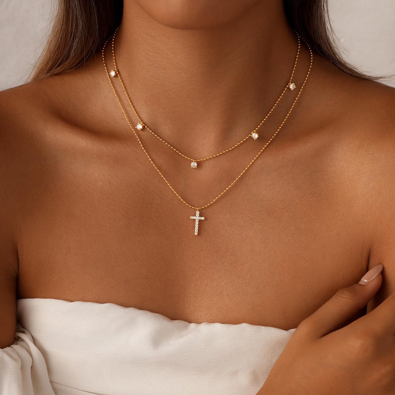 Rotnso Cross Necklace for Women 14K Gold Plated Dainty Small Diamond Cross Pendant Layered Choker Simple Trendy Cute Cross Charm Bead Chain Easter Basket Stuffers Baptism Religious Faith Jewelry Gift - Image 2