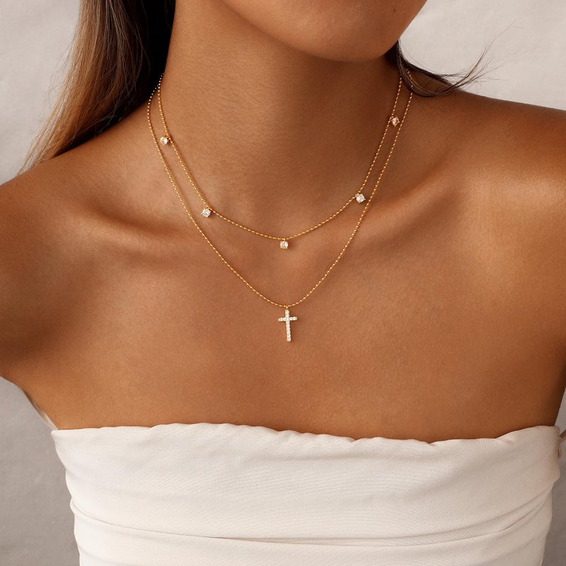 Rotnso Cross Necklace for Women 14K Gold Plated Dainty Small Diamond Cross Pendant Layered Choker Simple Trendy Cute Cross Charm Bead Chain Easter Basket Stuffers Baptism Religious Faith Jewelry Gift - Image 3