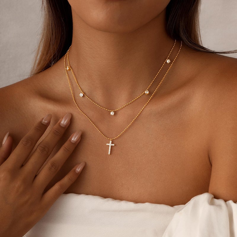 Rotnso Cross Necklace for Women 14K Gold Plated Dainty Small Diamond Cross Pendant Layered Choker Simple Trendy Cute Cross Charm Bead Chain Easter Basket Stuffers Baptism Religious Faith Jewelry Gift - Image 4
