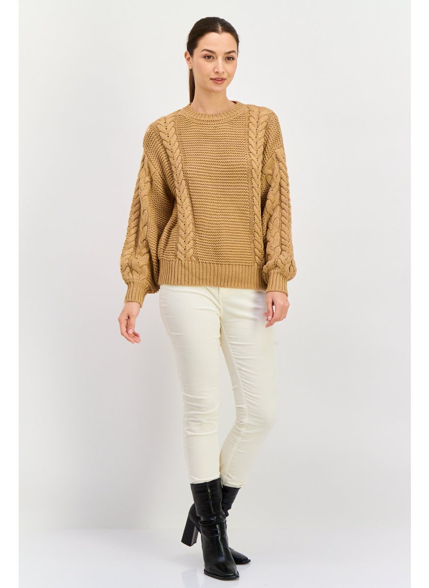Black Tape - Women Crew Neck Crochet Sweater, Saddle Brown - Image 1