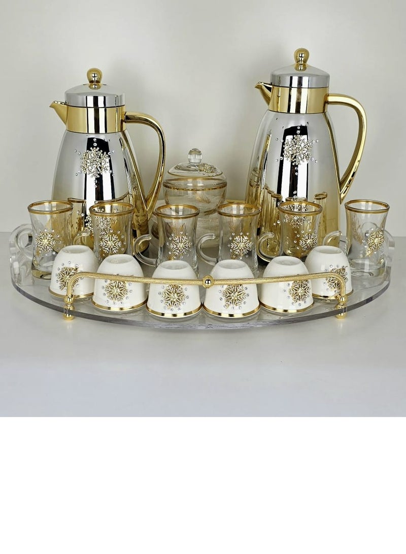 22 قطعة طقم قهوة شاي عربي مع 1 صينية 2 قطعة ترمس ذهب أبيض 6 أكواب كاوا 6 أكواب شاي 6صحون 1 وعاء سكر