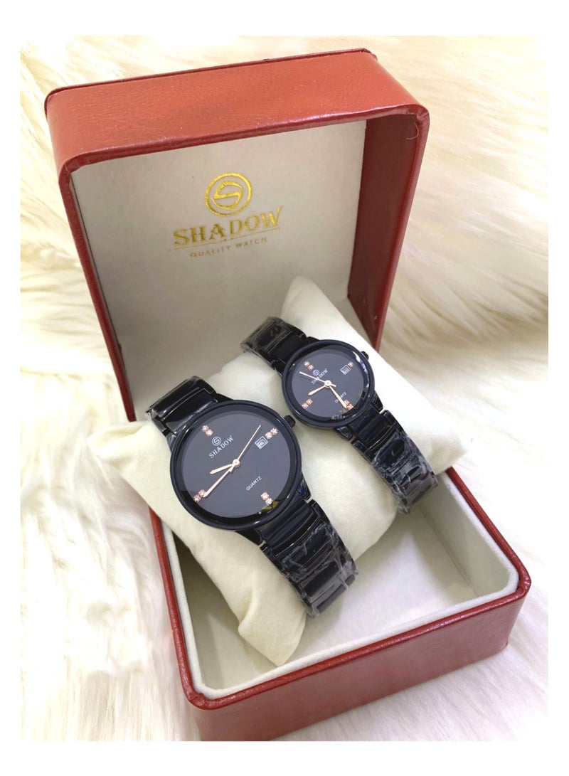 SHADOW Luxury Couple Watch Set - Premium Stainless Steel Matching Wristwatches with Date Display and Crystal Indices - Image 3