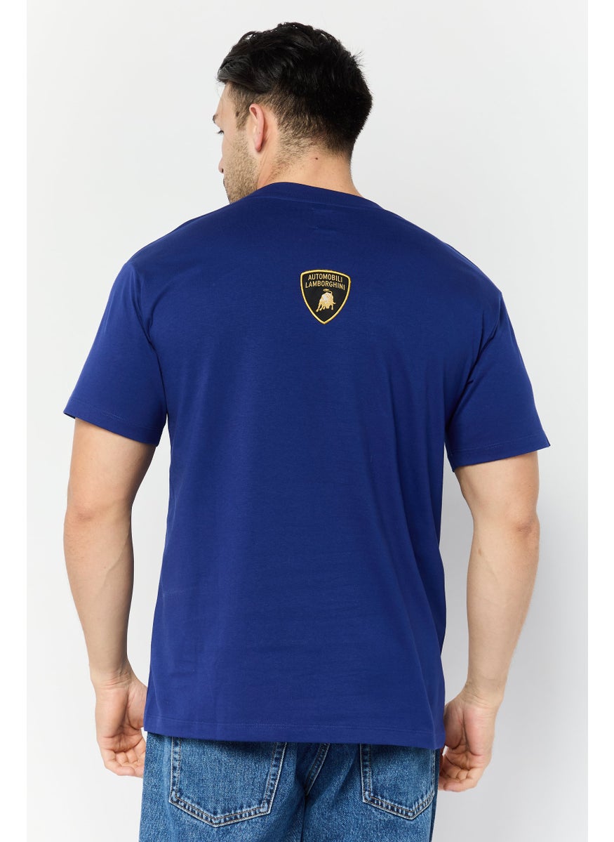 LAMBORGHINI Men Crew Neck Short Sleeve Embroidered Logo T-Shirt, Blue  - Image 4