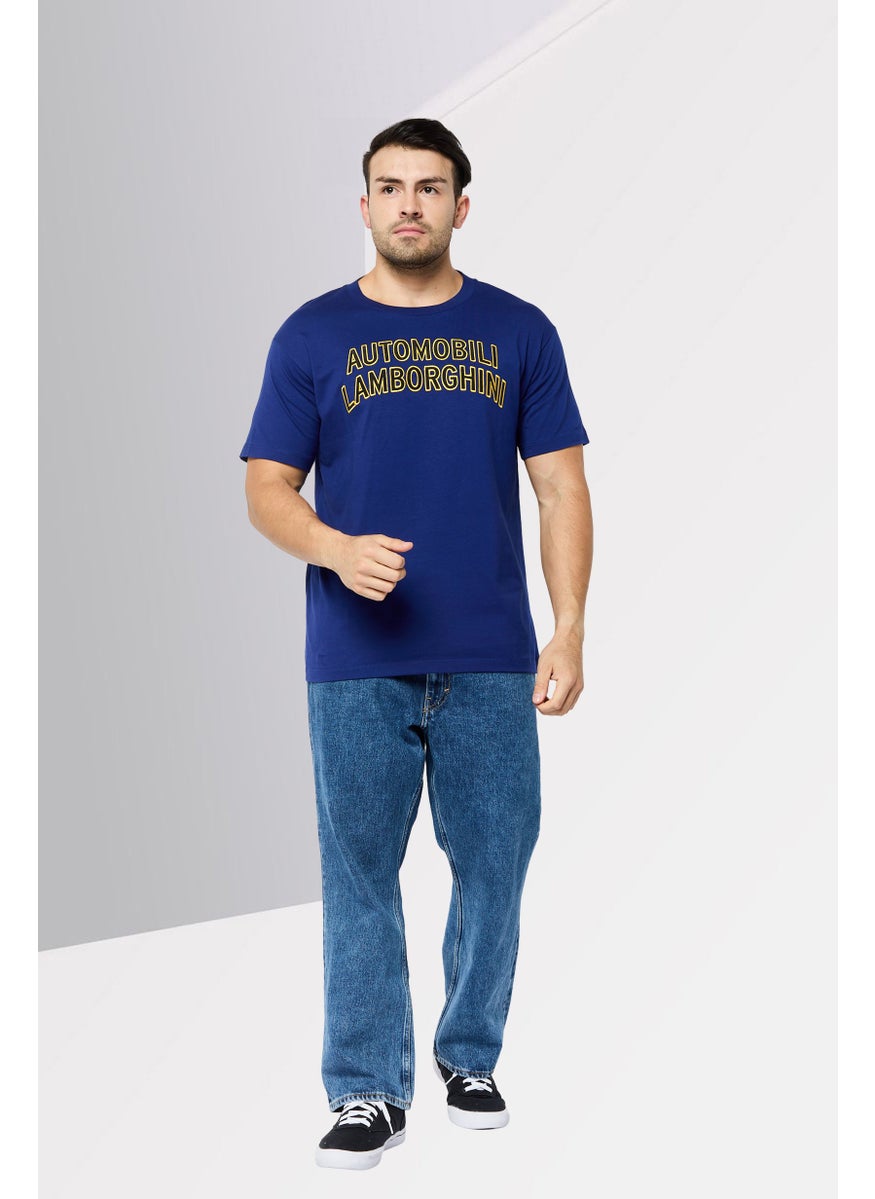 LAMBORGHINI Men Crew Neck Short Sleeve Embroidered Logo T-Shirt, Blue  - Image 2