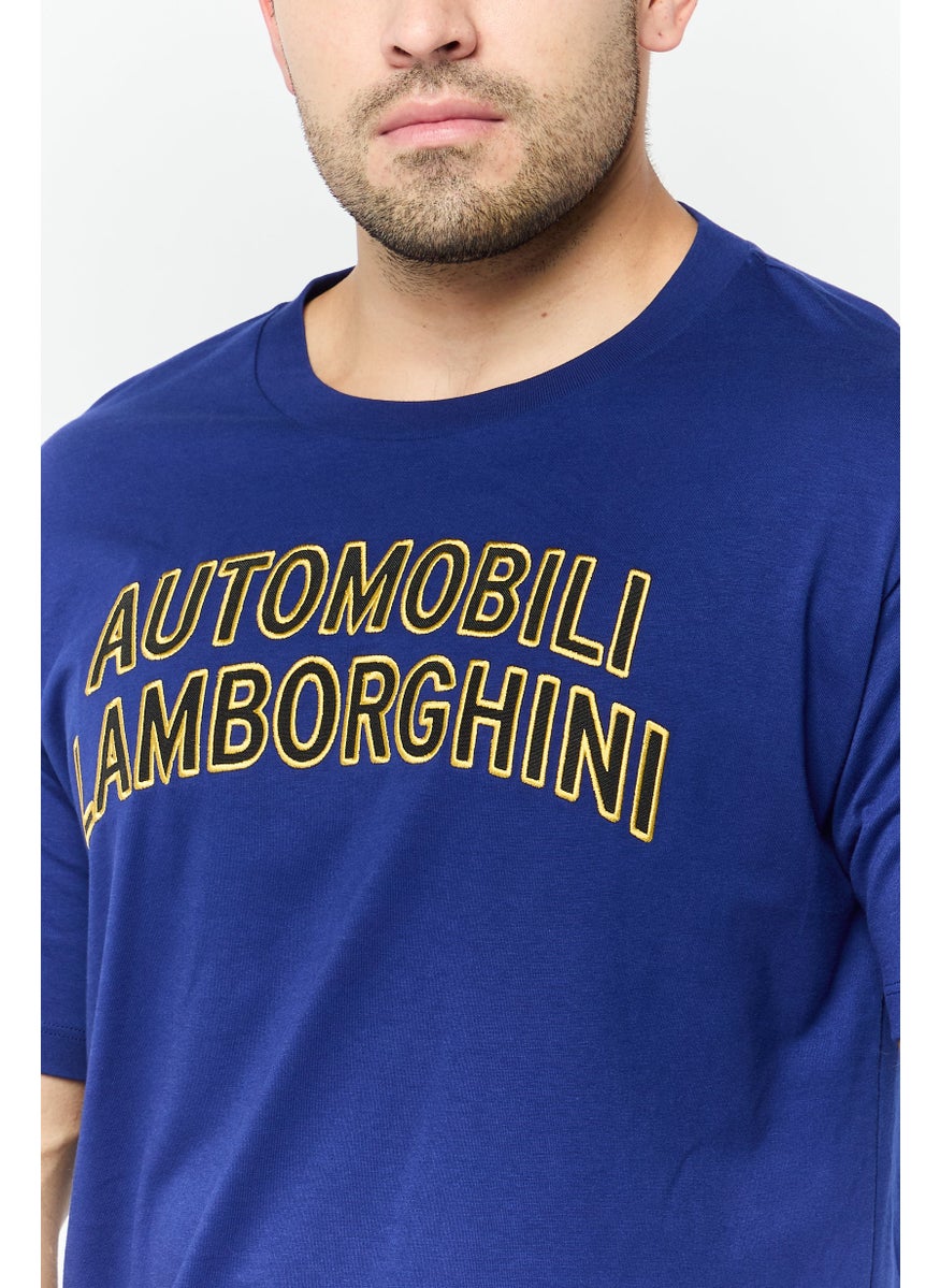LAMBORGHINI Men Crew Neck Short Sleeve Embroidered Logo T-Shirt, Blue  - Image 3