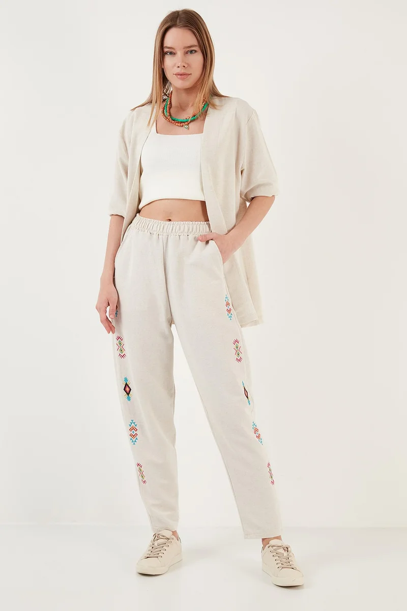 Lela Bohemian Embroidered Linen and Cotton Blended Shalwar Trousers Women's Trousers 5865050