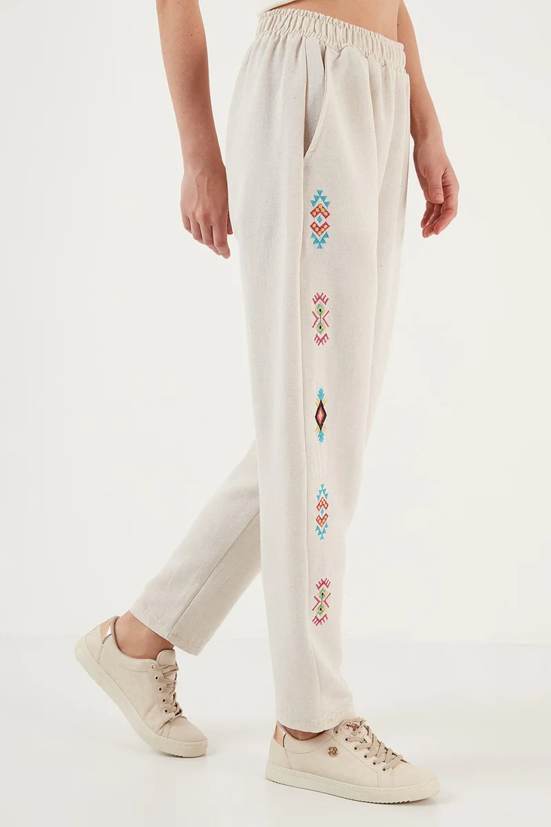 Lela Bohemian Embroidered Linen and Cotton Blended Shalwar Trousers Women's Trousers 5865050