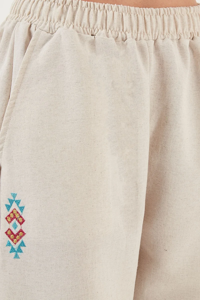Lela Bohemian Embroidered Linen and Cotton Blended Shalwar Trousers Women's Trousers 5865050