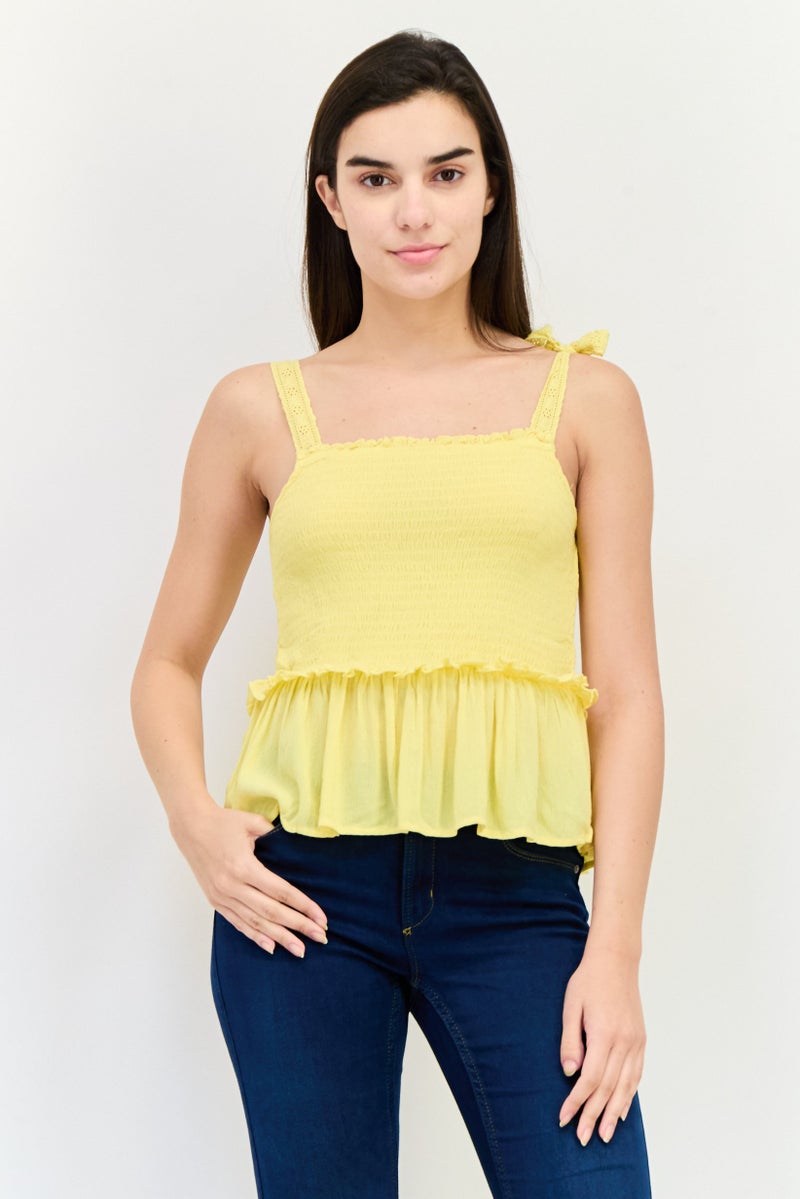 ONLY Women Square Neck Sleeveless Ribbed Tank Top, Yellow - Image 1