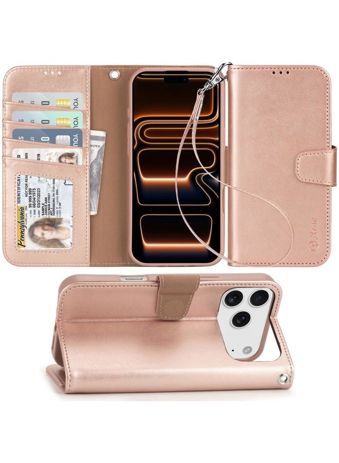 Arae Compatible with iPhone 17 Pro Max Case Wallet with Card Holder, Wristlet Strap Wallet Flip Cover for iPhone 17 Pro Max 6.9 inch Men/Women, RFID Blocking, Kickstand, Rose Gold - Image 1