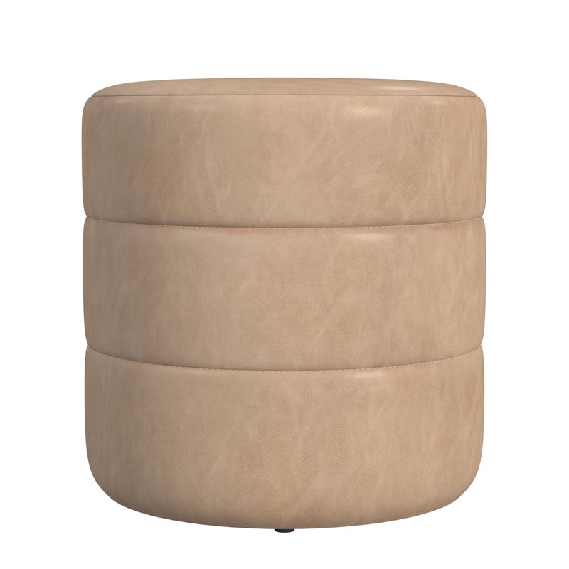 HomePop Upholstered Faux Leather Round Ottoman (No Lid, Seat Only) | HomePop Home DÃ©cor | Round Pouf Foot Rest â€“ Sand Faux Leather - Image 1