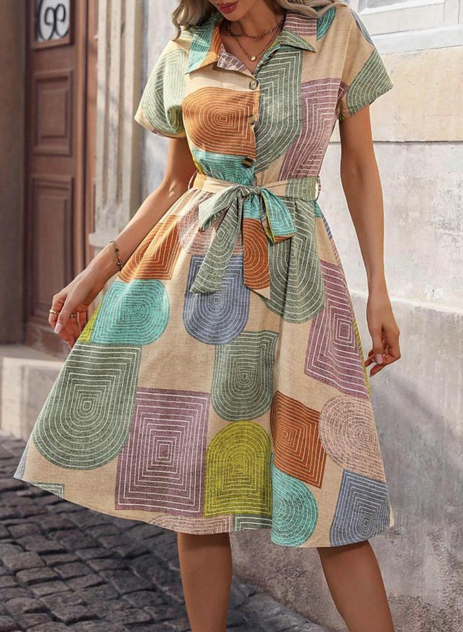 Take Two Geometric Print Belted A-Line Mini Dress - Image 1